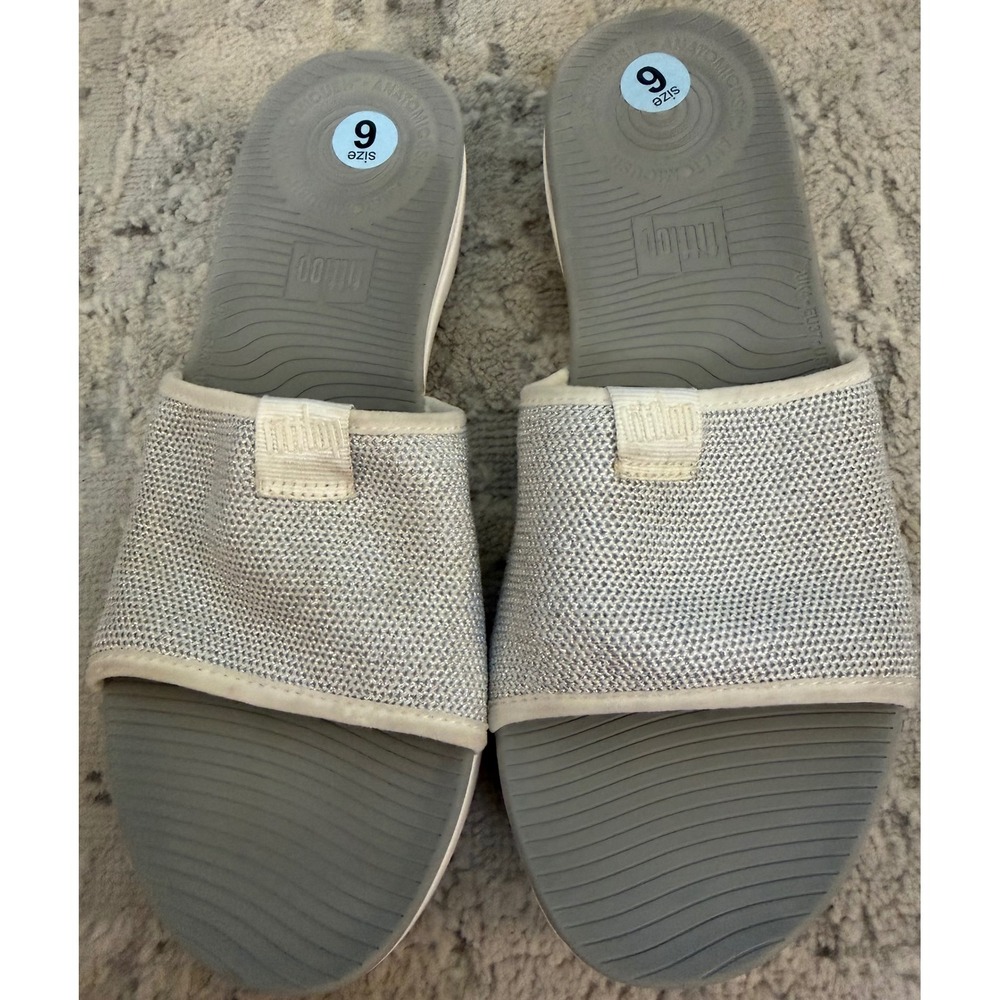 FitFlop iQushion Silver Metallic Knit Ergonomic Slide Sandals Women's size 6